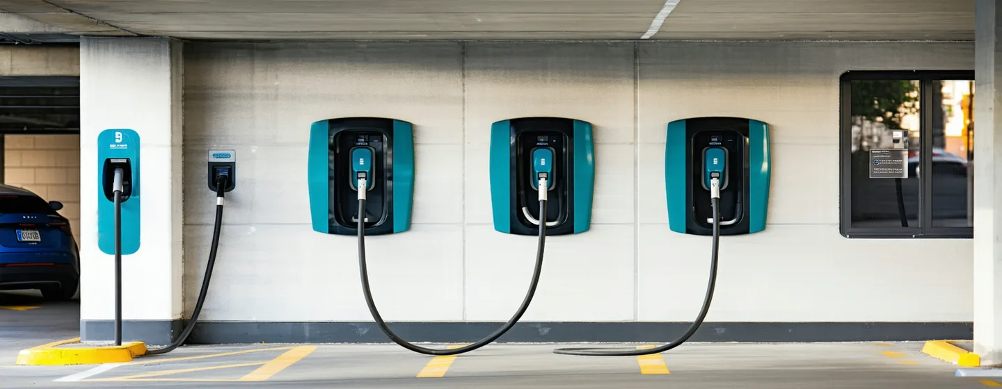 Modern EV charging station installed in a covered parking structure, multiple electric vehicles plugged in, clean concrete architecture, soft afternoon light