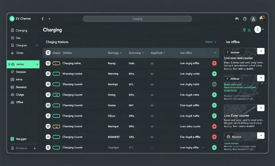 Emobi platform dashboard showing OCPP charge station list with live session status, health scores, and a network map overlay
