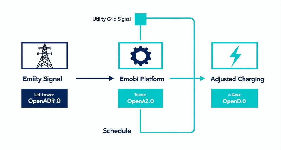 Demand response flow diagram showing utility signal flowing through Emobi platform to EV charging schedule adjustments