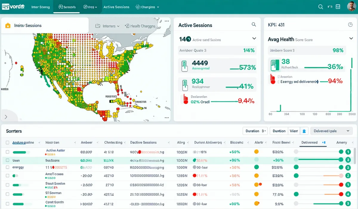 Emobi Network Operations Center dashboard showing station health heatmap, active session list, and real-time alert queue
