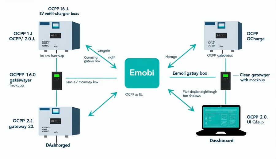 Architecture diagram showing OCPP 1.6J and 2.0.1 charger models connecting through the Emobi integration gateway to the operator management dashboard